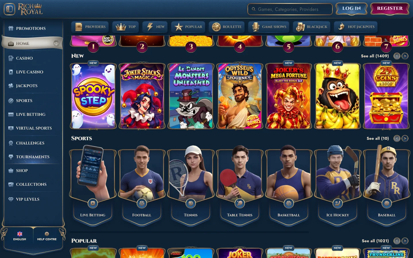 Spielautomaten-Lobby von Rich Royal Casino mit Kategorien für Slots, Jackpots und Live-Tische